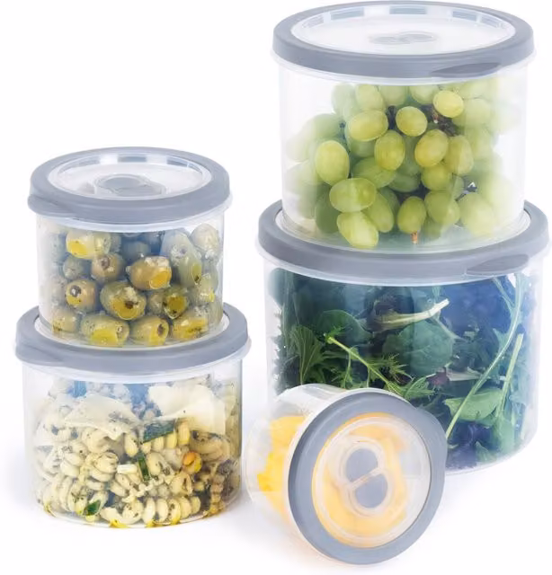 LIVIVO 5pc Airtight Round Food Storage Container Set in Grey and Transparent, Stackable and BPA Free – 1