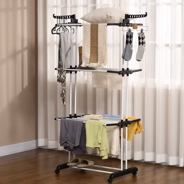 HOMCOM Foldable Clothes Drying Rack with Hooks and Wheels, Black