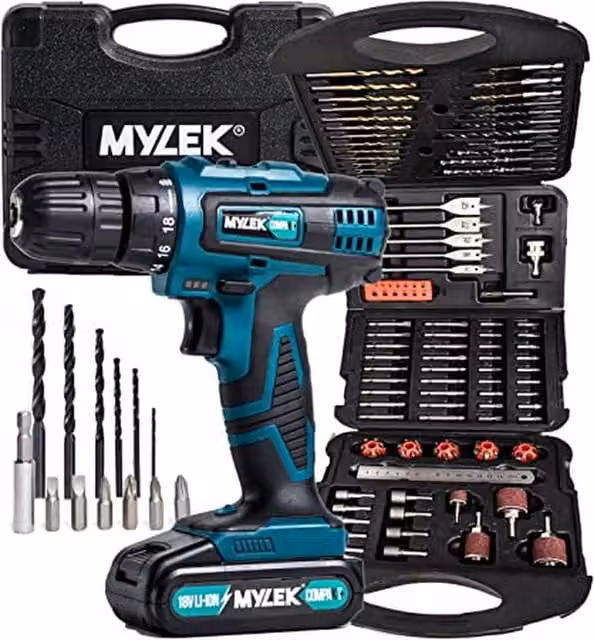 Mylek 18V Cordless Drill Driver with 131 Piece Accessory Kit and Rechargeable Battery, Blue and Black