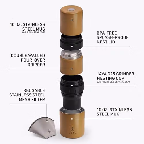 VSSL Nest Pour Over Coffee Kit with Two Stainless Steel Travel Mugs in Sand and Brown – 4