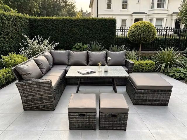 Fimous Rattan Garden Dining Set with Rectangular Table and 3 Footstools in Dark Grey – 1