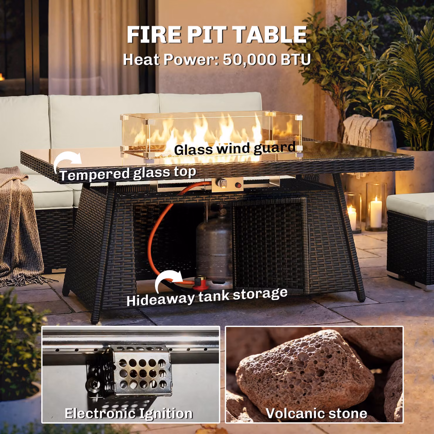 Outsunny 7 Piece PE Rattan Garden Furniture Set with 50,000 BTU Gas Fire Pit Table, Double Corner Sofa and 3 Footstools – 6
