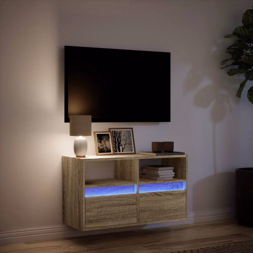 Berkfield Home TV Wall Cabinet with LED Lights in Sonoma Oak and Light Tan, W: 80 cm, D: 31 cm, H: 45 cm – 3