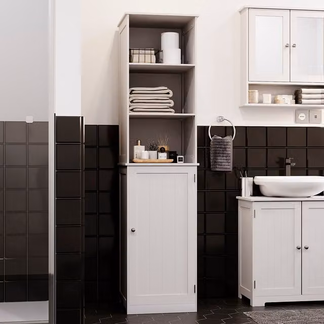 Priano Freestanding White Bathroom Tall Cabinet with 1 Door and 2 Internal Shelves