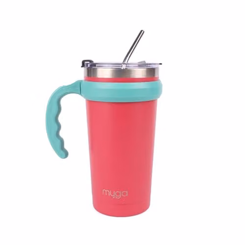 Myga Insulated Stainless Steel Travel Mug Tumbler with Straw and Flip Top Lid, Pink, 590ml – 1