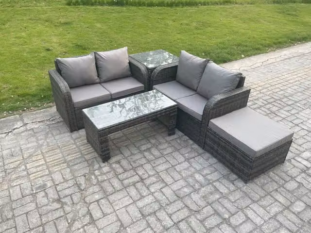 Fimous High Back Rattan Garden Furniture Set in Dark Grey with 2 Seater Sofa, Coffee Table and Ottoman