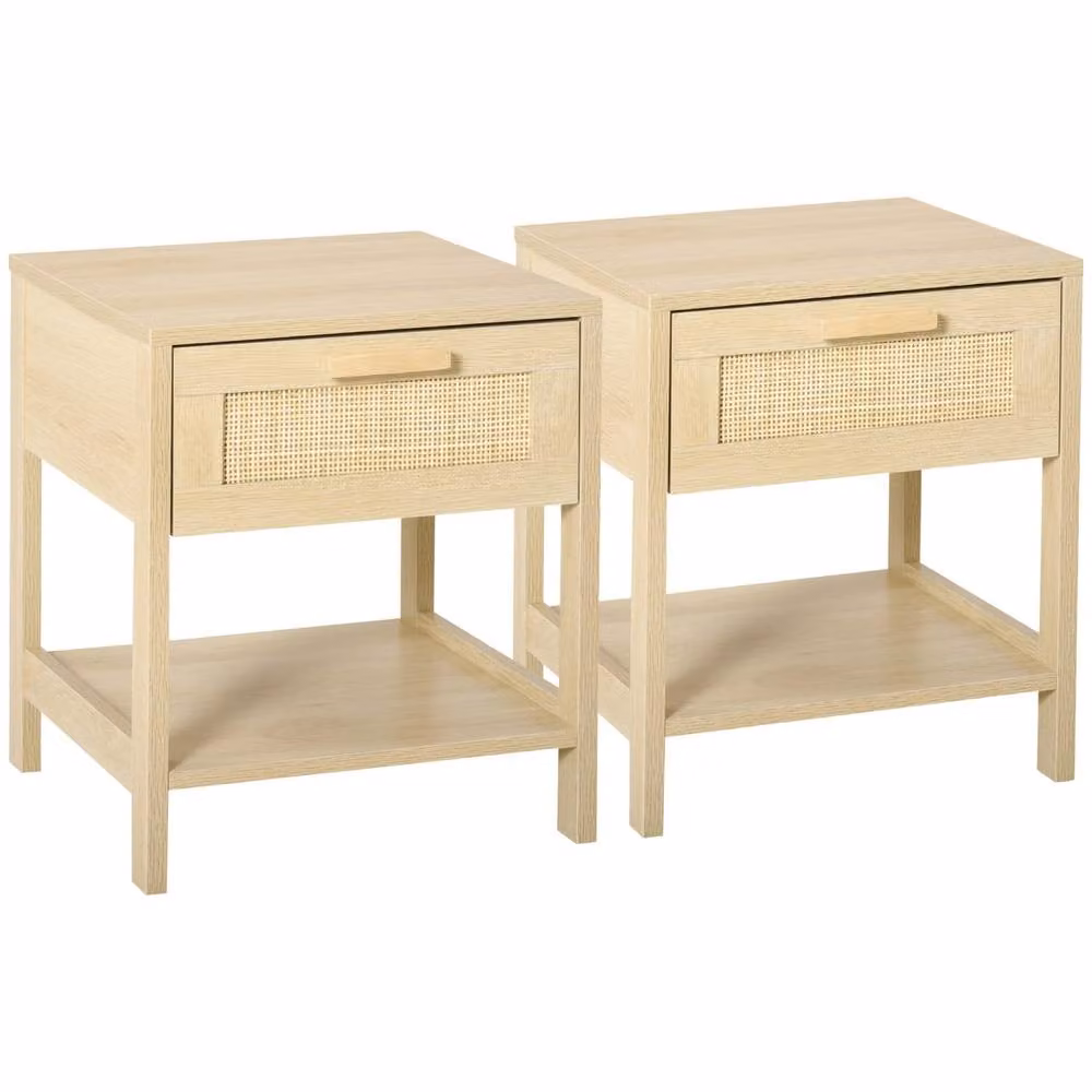 Wyld Haus Vicoha Set of 2 Natural Rattan Bedside Tables with Drawer and Open Shelf, Beige/Sand/Brown, W/D/H: 40 x 40 x 48 cm – 2
