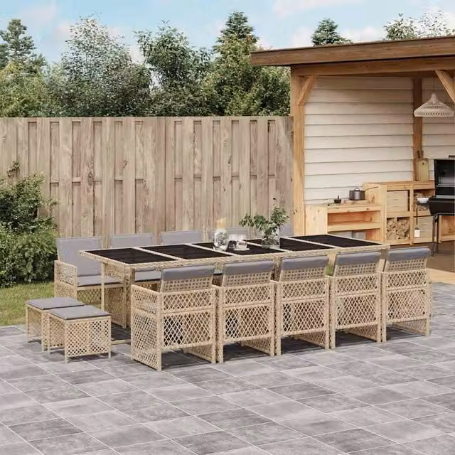 Berkfield Home 15 Piece Poly Rattan Garden Dining Set with Beige Cushions and Glass Tabletop
