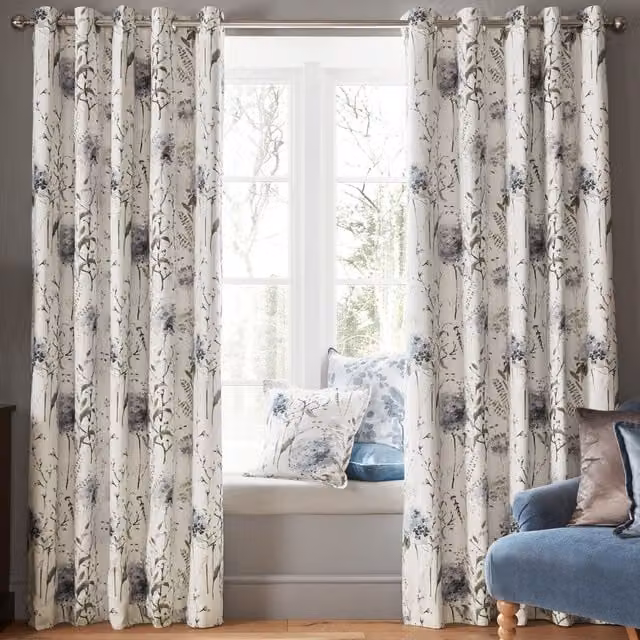 Laura Ashley Pallington Bloom Floral Eyelet Blackout Curtains in Smoke Blue
