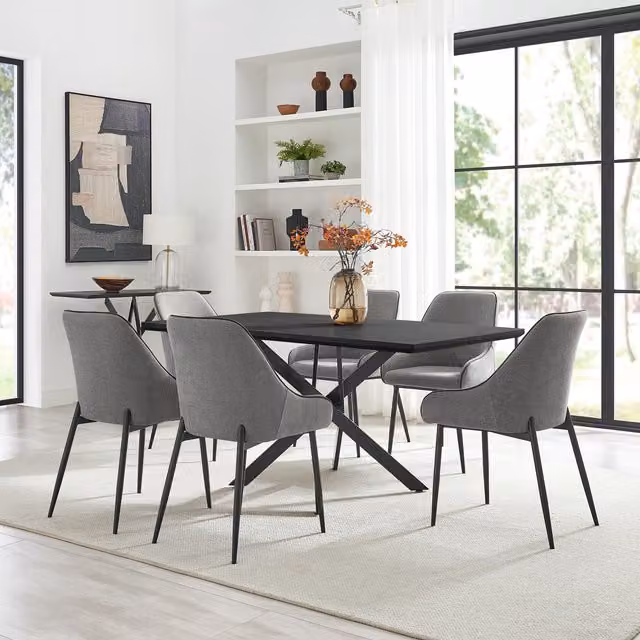 FurnitureboxUK Leonardo Black Top Dining Table and 6 Beaumont Grey Fabric Chairs