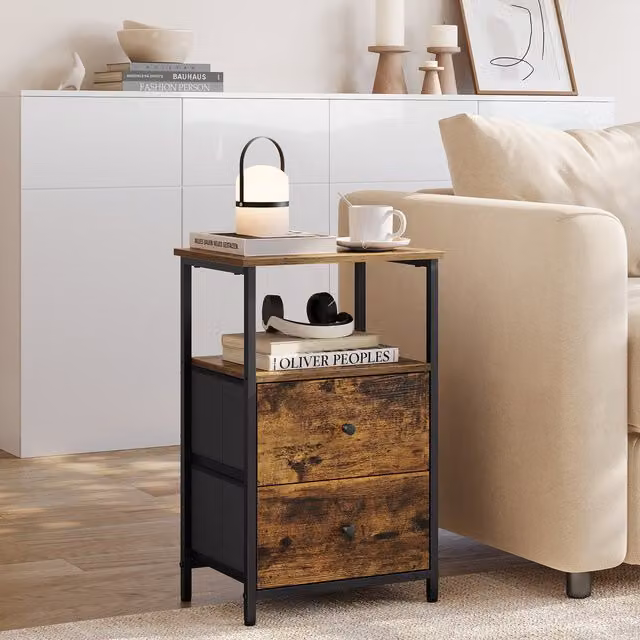 SONGMICS Set of 2 Industrial Bedside Tables with 2 Fabric Drawers and Storage Shelf in Rustic Brown and Black