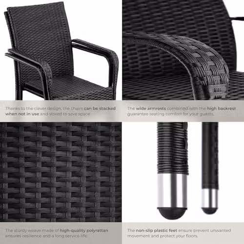 tectake Set of 8 Modern Polyrattan Garden Chairs with Steel Frame in Black and Grey, H 90.0 x W 58.0 x D 45.6 cm – 5