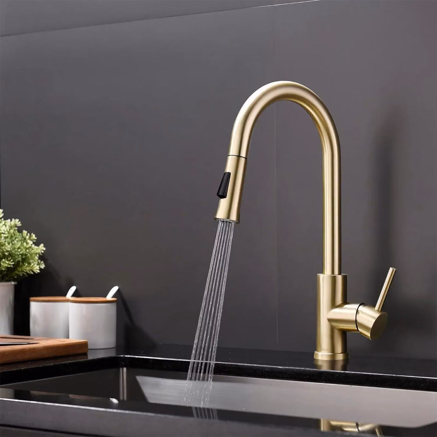 Nes Home Brushed Brass Modern Pull Out Kitchen Mixer Tap in Gold – 2