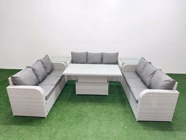 Fimous 9 Seater PE Rattan Garden Furniture Set in Grey with Adjustable Dining Coffee Table, 3 Seater Sofa and Side Tables