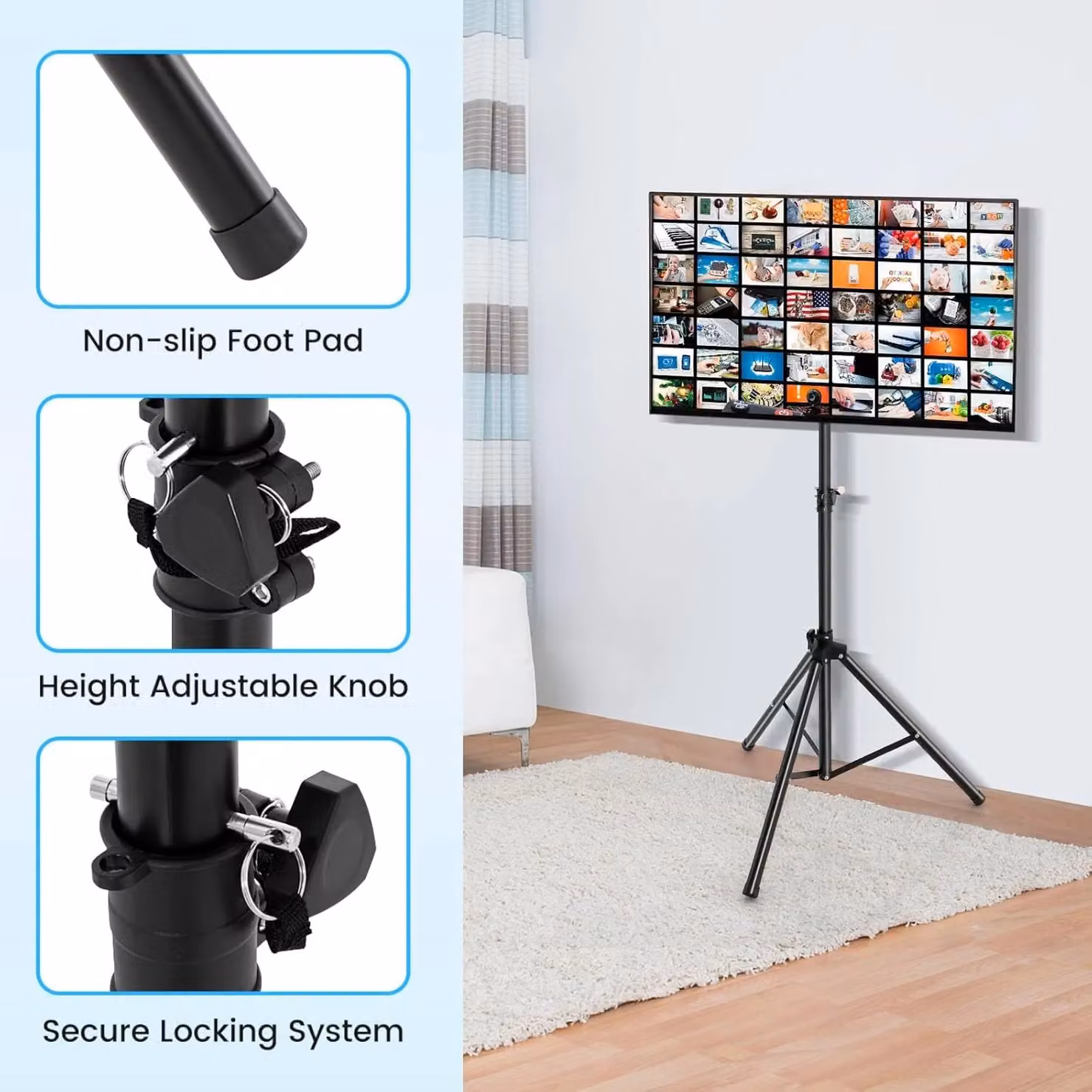 Gymax Tripod TV Stand in Black with 5-Position Height Adjustment and Swivel Function – 6