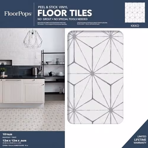WallPops FP2481 Kikko Self-Adhesive Peel & Stick Floor Tiles, White, Set of 10, 30.48 x 30.48 cm – 3
