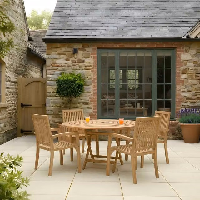 Charles Bentley Classic Round Teak Wood Garden Table in Natural Brown