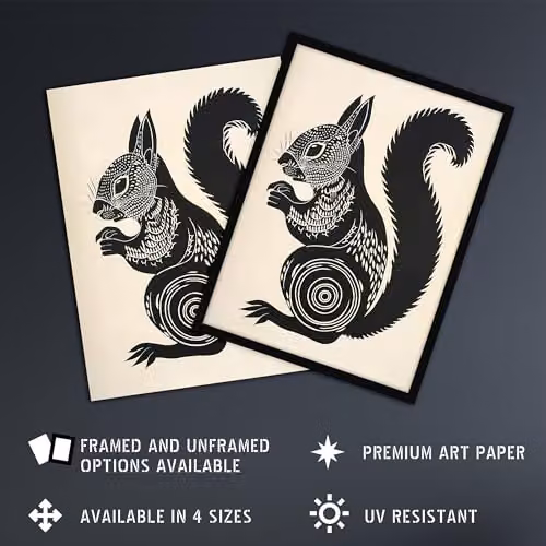 Artery8 Tribal Squirrel Framed Wall Art Print, Black and White Nature Illustration, W: 29.7 cm, H: 32.3 cm – 2