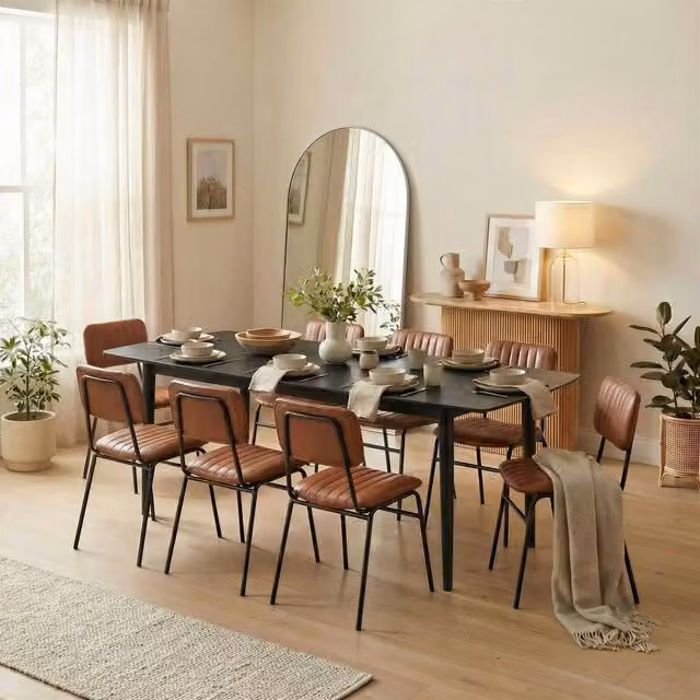 FurnitureboxUK Leif Mid-Century Rubberwood Extending Dining Table with 8 Tan Delta Chairs in Black – 1