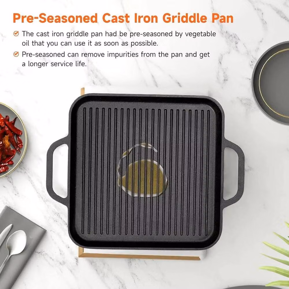 Kelvenix Non-Stick Cast Iron Grill Griddle Skillet Pan with Double Handles, Black, W: 35 cm, D: 28 cm, H: 2 cm – 4
