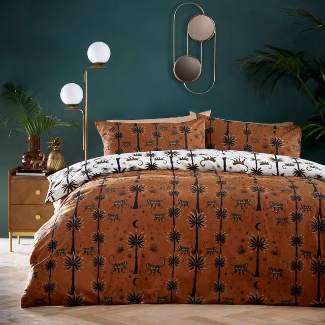 Desert Monkey Exotic Moroccan Animal Graphic Reversible Duvet Cover Set in Orange and White, W: 180 cm x L: 200 cm