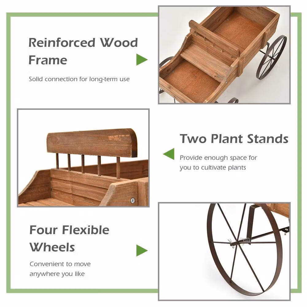 Gymax Brown Wood and Metal Decorative Flower Planter Wagon with Wheels – 6