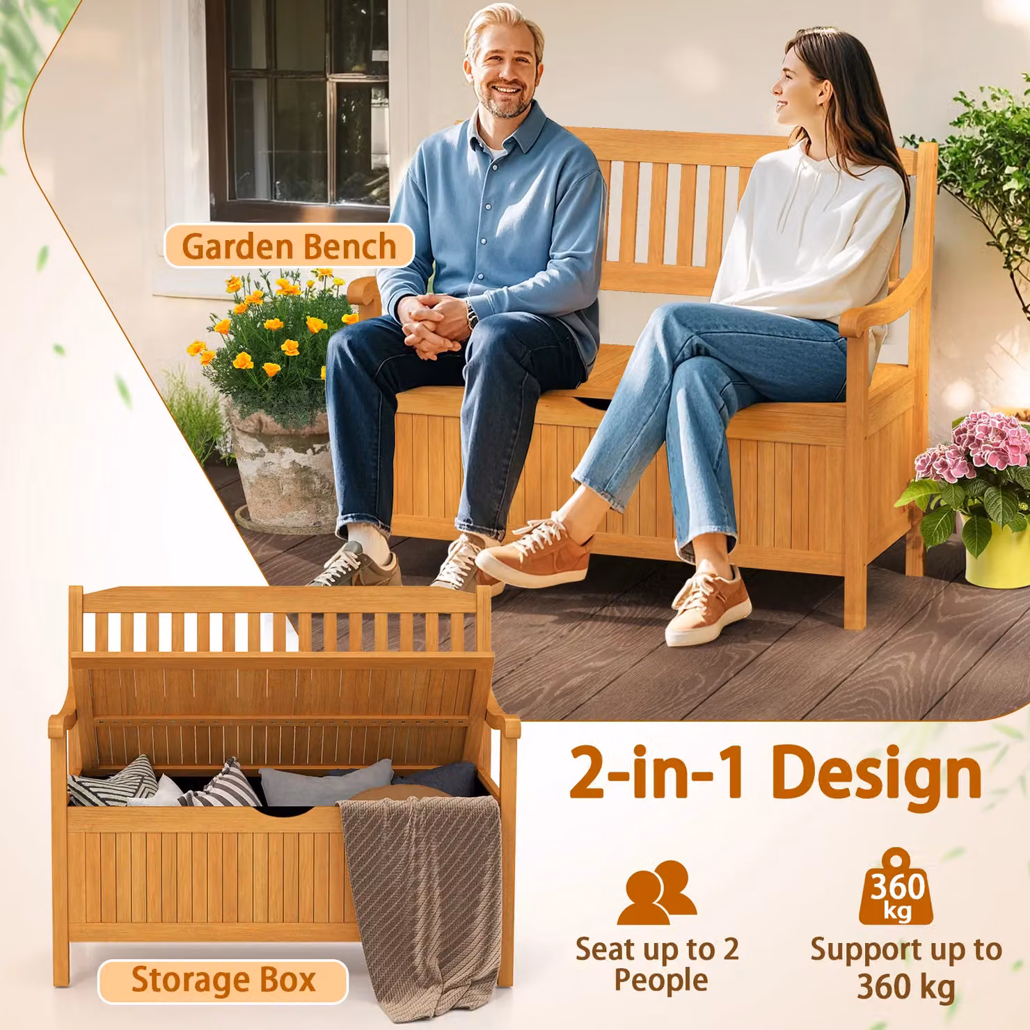 Costway 125L Outdoor Acacia Wood Storage Bench Deck Box Loveseat in Natural Brown – 7