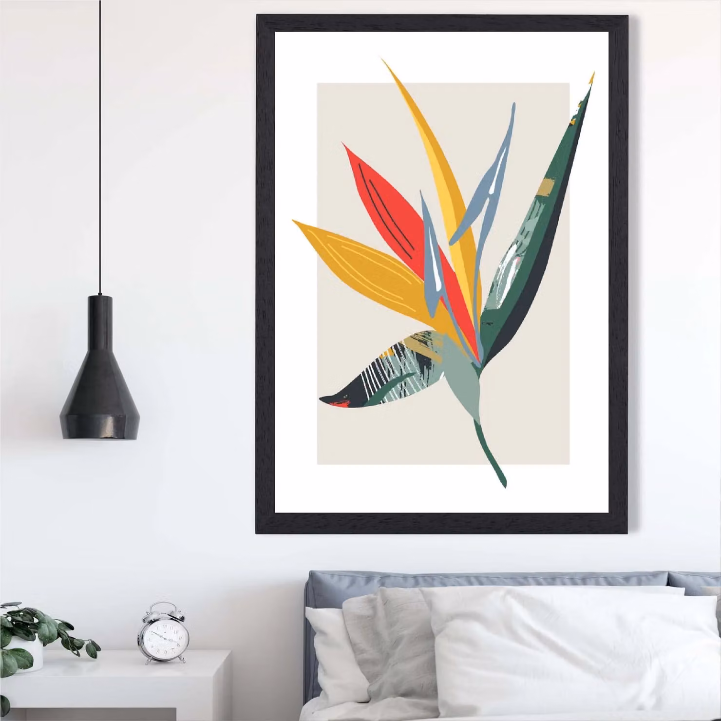 ARTZE Minimalist Tropical Flower Botanical Illustration Framed Print, Green and Red, Black Frame, A4 – 2