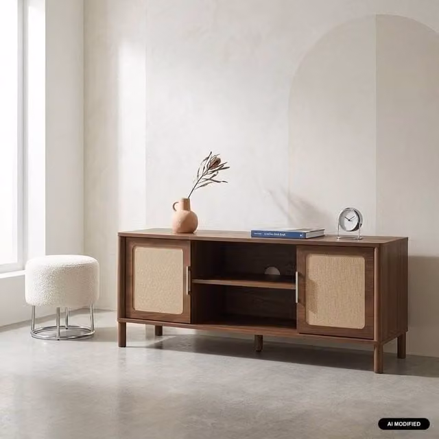 sweeek Mid-Century Vintage TV Stand with Rattan Doors and Wood Decor, Dark Brown, W/D/H: 120 x 39.5 x 50 cm – 1