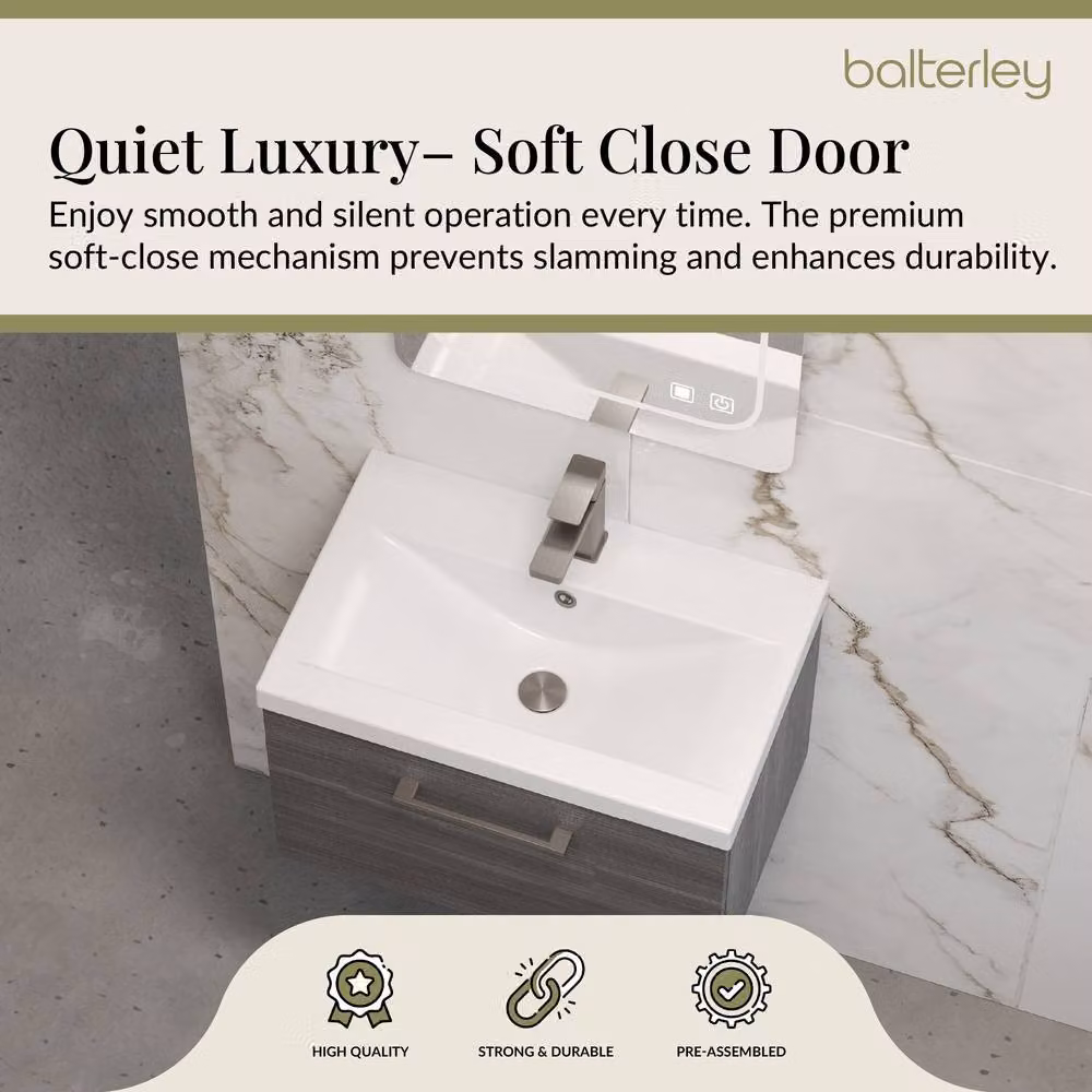 Balterley 600mm Wall Hung 1 Drawer Vanity in Woodgrain Anthracite Grey with Pewter Handle – 3