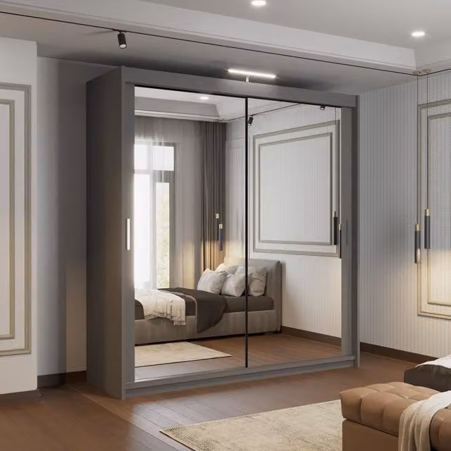 Sliding Wardrobes 4u Modern Sliding Door Wardrobe with Mirror, Shelves, Hanging Rod and Integrated LED Lighting in White and Grey, W/D/H: 120 x 120 x 217 cm