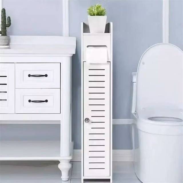 Nordara White Wooden Free Standing Toilet Roll Holder and Bathroom Storage Cabinet