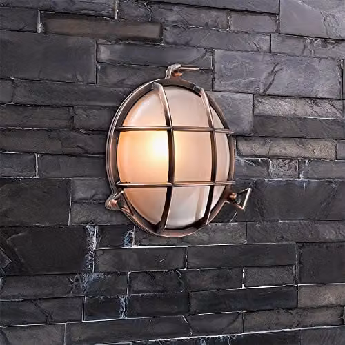 MiniSun Modern IP66 Rated Metal Nautical Outdoor Wall Light with Copper Effect and Frosted Lens, Includes 8W LED E27 Bulb – 2