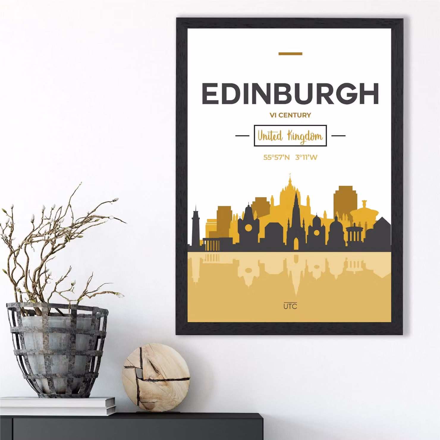ARTZE Edinburgh City Skyline Framed Print in Yellow and Black, A2 Size – 2