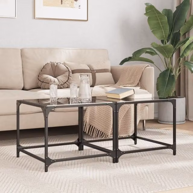 Berkfield Home Set of 2 Modern Square Coffee Tables with Black Glossy Glass Tops and Steel Legs, W/D/H: 50 x 50 x 40 cm