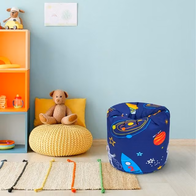 Ready Steady Bed Space Boy Kids Round Bean Bag Chair in Blue Abstract Fabric