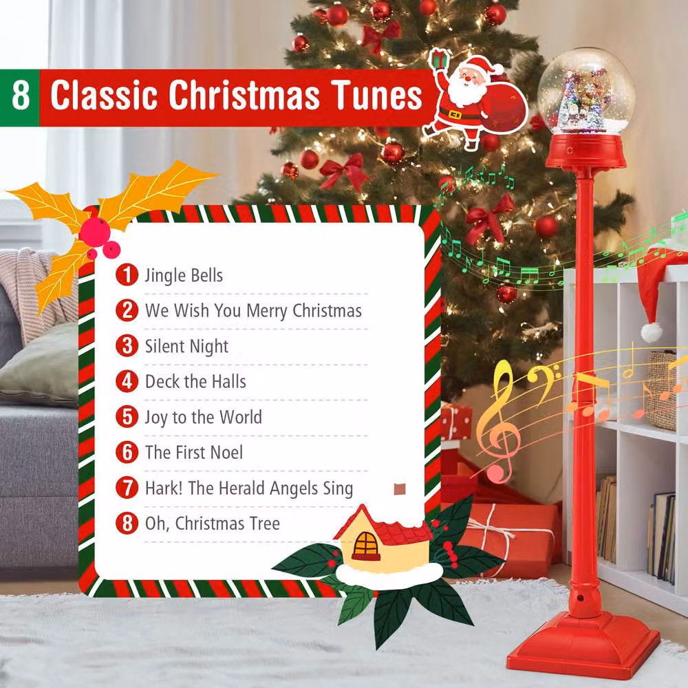 Gymax 5FT Musical Christmas Street Lamp with Blowing Snow and LED Lights in Red, Height: 152.4 cm – 6