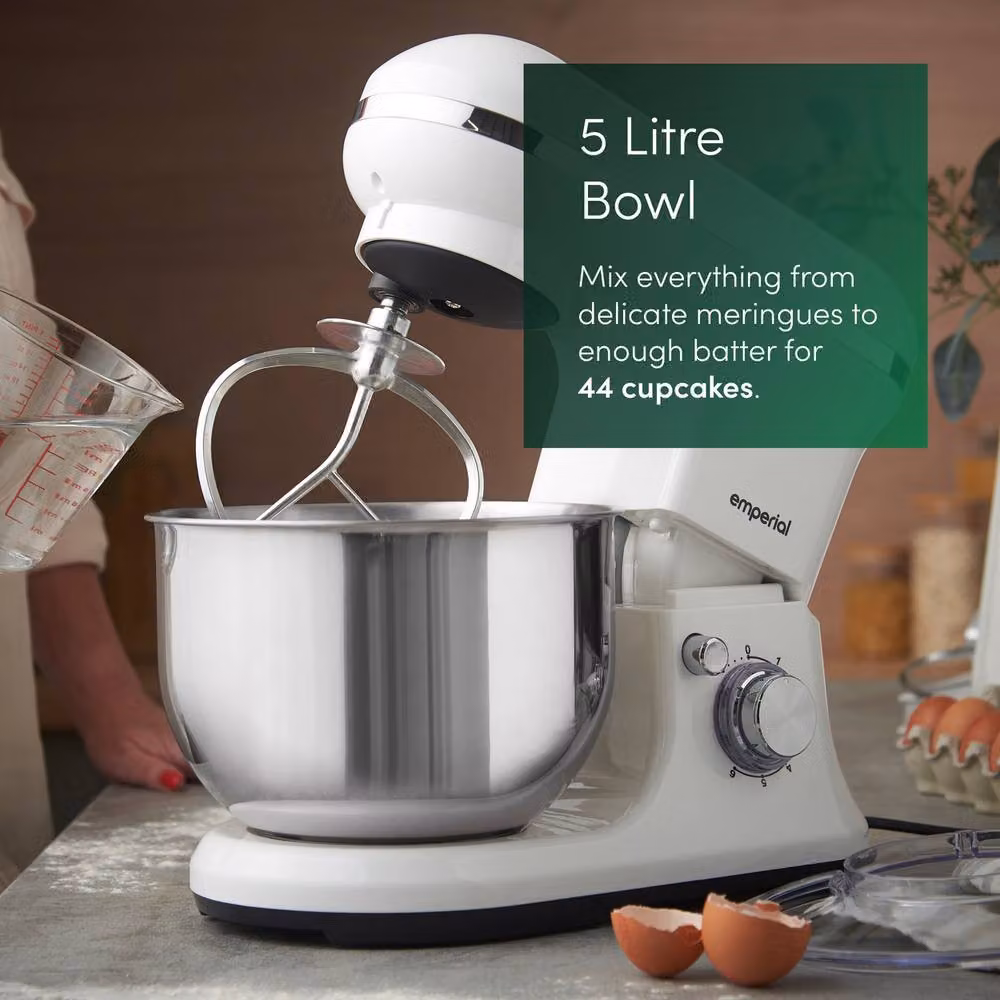 Emperial 5L Stand Mixer in White with 6 Speeds, Dough Hook, Whisk and Beater – 6