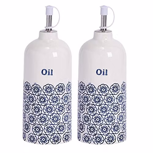 Nicola Spring Floral Stoneware Olive Oil Dispenser Set in Blue and White, Pack of 2