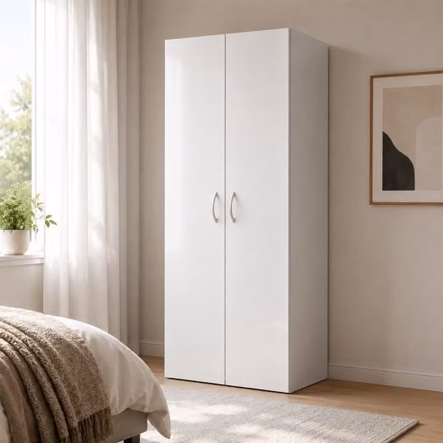 Priscille White 2 Door Modern Wardrobe with Internal Shelves and Hanging Rod, Width: 80 cm