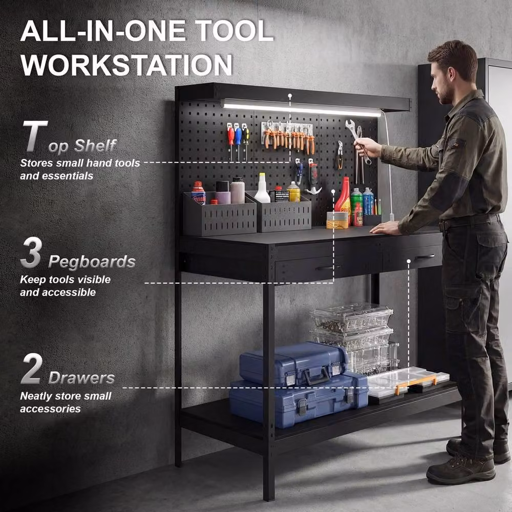 NESTLUNE Heavy Duty Metal Workbench with Pegboard, Black, W: 110 cm, D: 52 cm, H: 150 cm – 3