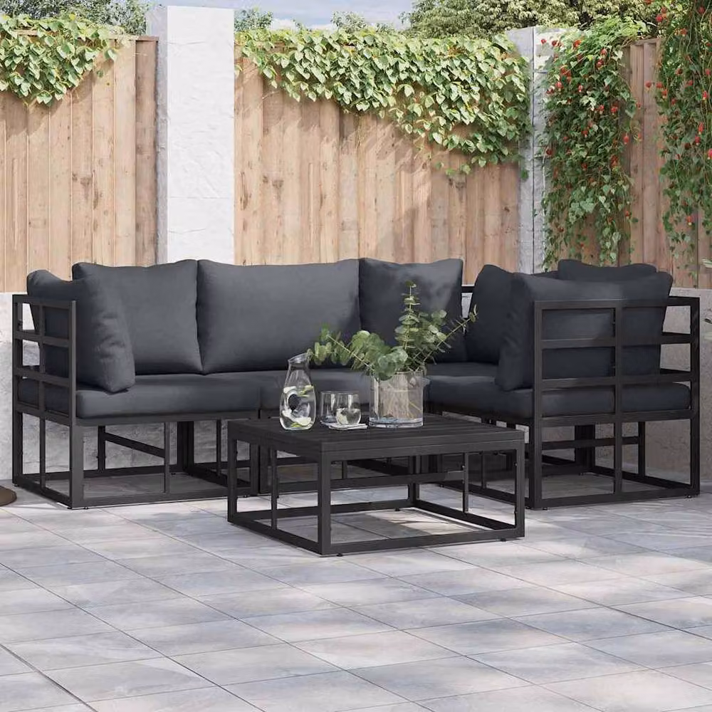 Berkfield Home 4 Piece L-Shape Garden Sofa Set with Grey Cushions and Black Powder Coated Aluminium Frame – 2