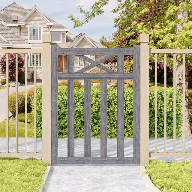 Livingandhome Outdoor Timber Single Crosshead Garden Gate in Grey, Width: 90 cm