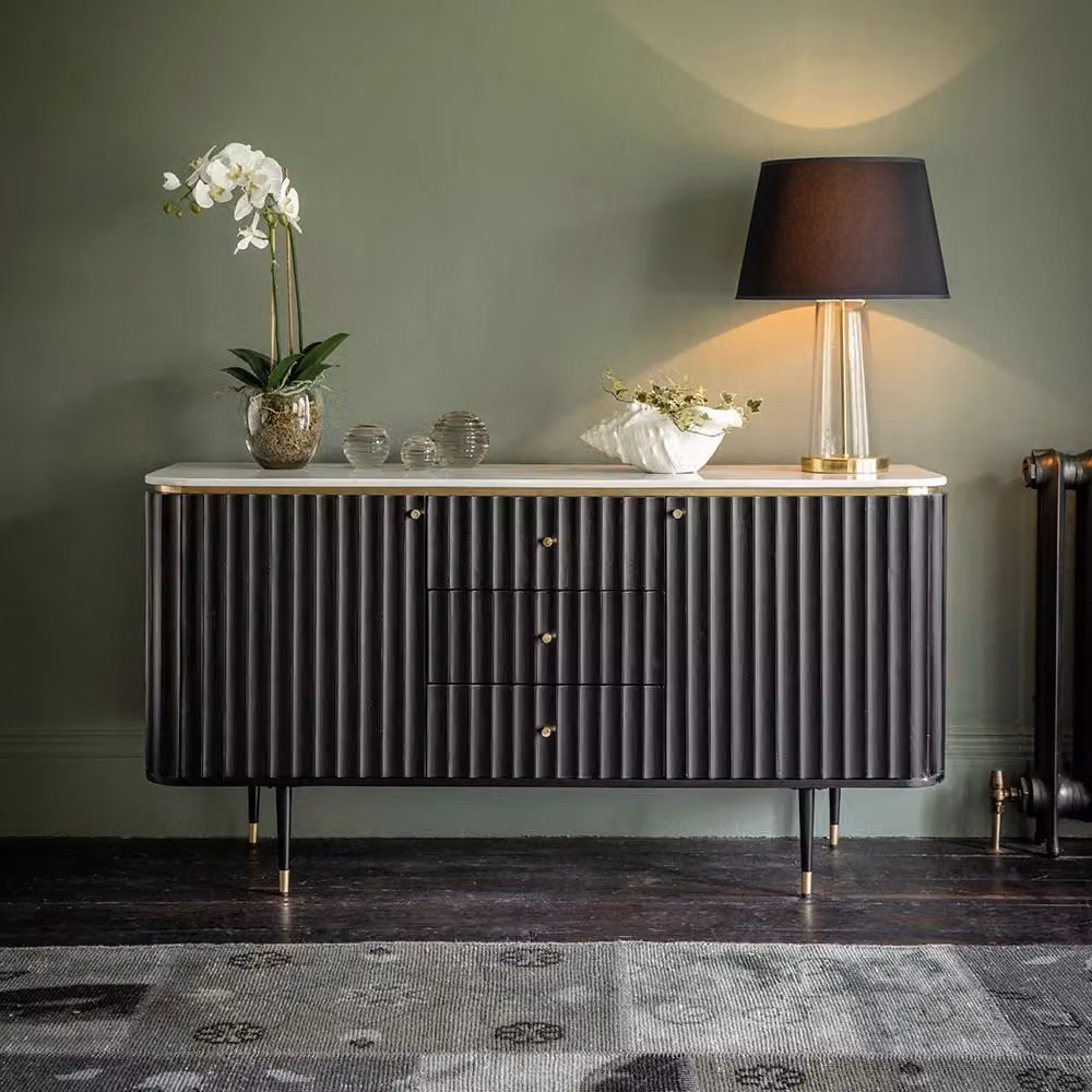 Atkin & Thyme Flute Marble Sideboard in Black and White
