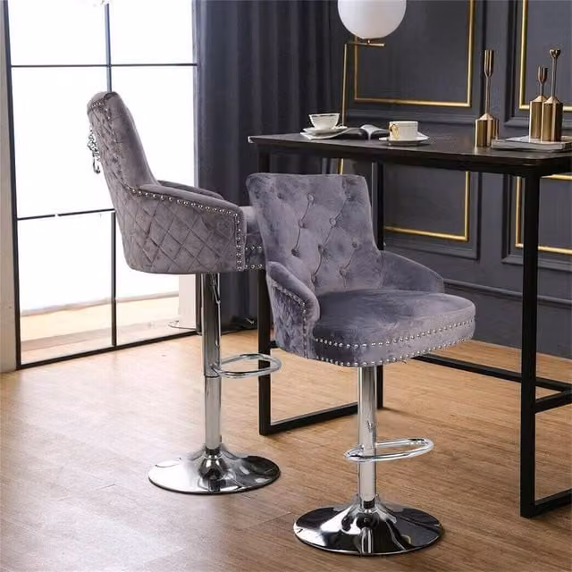 EONLION Grey Velvet Adjustable Bar Stool with Armrests, Height: 100 cm