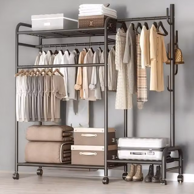 Rafaelo Mobilia Heavy Duty Metal Clothes Rail and Open Wardrobe with Storage Shelves in Matt Black – 1