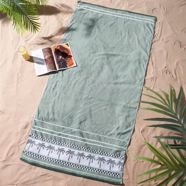 Catherine Lansfield Maritime Green Cotton Beach Towel with Graphic Design and Border