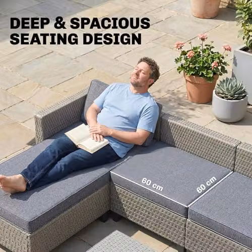 Outsunny 5-Piece L-Shape Rattan Garden Furniture Set in Grey with Ottoman, Coffee Table and Upholstered Cushions – 3