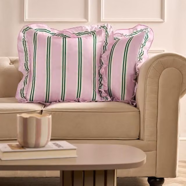 OHS Striped Frill Cushion Covers in Pink and Green