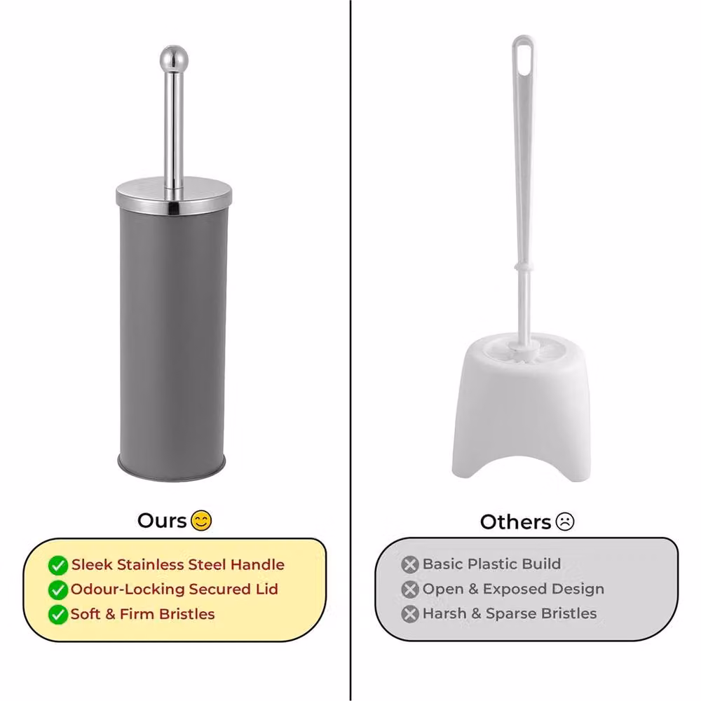 VOGREX Grey Stainless Steel Toilet Brush Set with Matt Covered Holder – 3